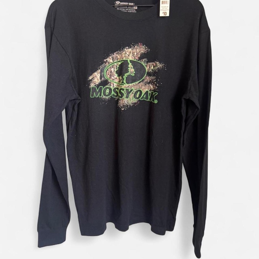 Mossy Oak Mens Graphic Long Sleeve Tee Shirt Black Camo Logo NWT Size Large